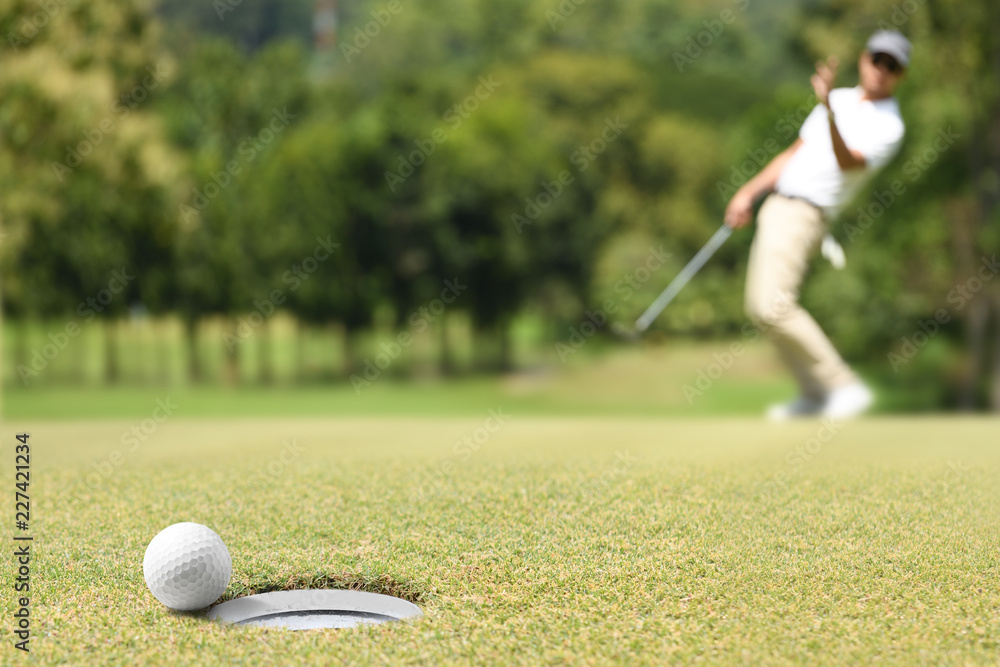 Wall mural man golfer cheering after a golf ball on a golf green