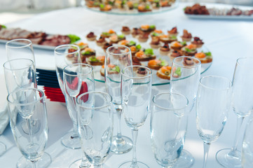 canape set with salmon fish and meat at luxury reception. catering food service