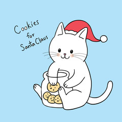 Cartoon cute Christmas  cat eating cookies vector.