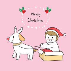 Cartoon cute Christmas boy and dog playing vector.