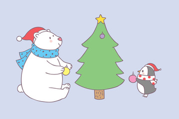 Cartoon cute Christmas bear and penguin decorating vector.