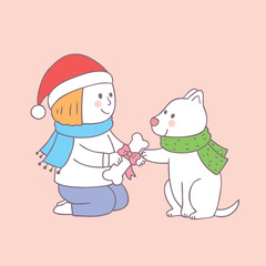 Cartoon cute Christmas boy giving gift for dog vector.