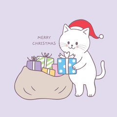 Cartoon cute Christmas cat Santa Claus and gifts vector.