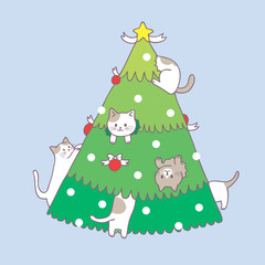 Cartoon cute Christmas cat and Christmas tree vector.