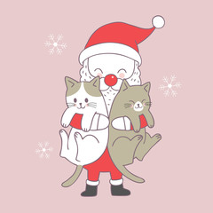 Cartoon cute Christmas Santa Claus and cats vector.