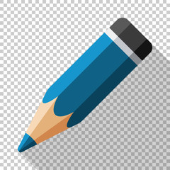 Pencil icon in a flat style with a long shadow on a transparent background