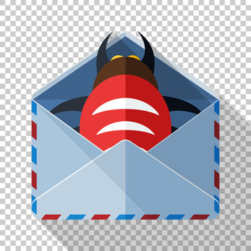 Envelope Icon With Bug Inside In Flat Style With Long Shadow On Transparent Background. Concept Of An Email With A Malicious Attachment