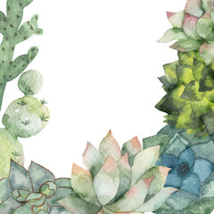 Fototapeta premium Watercolor frame of colorful cacti and succulents.