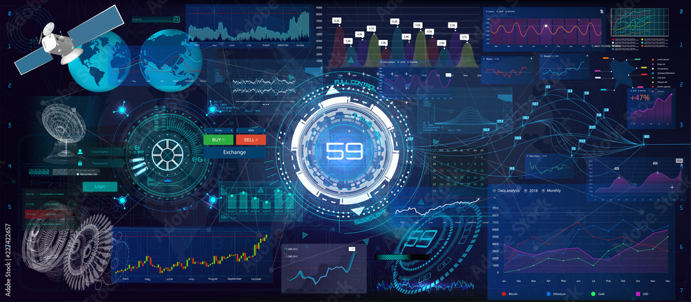 Poster Technology charts and graphics with options and workflow charts. Statistic and data, information infographic. HUD background outer space. Set Professional trader tools for successful trading. Vector
