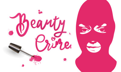 Beauty and Fashion Concept. The face of a girl with a mask, and the inscription cosmetics ''Beauty Crime'' color pink, isolated fashionable banner. Fashion realistic vector illustration