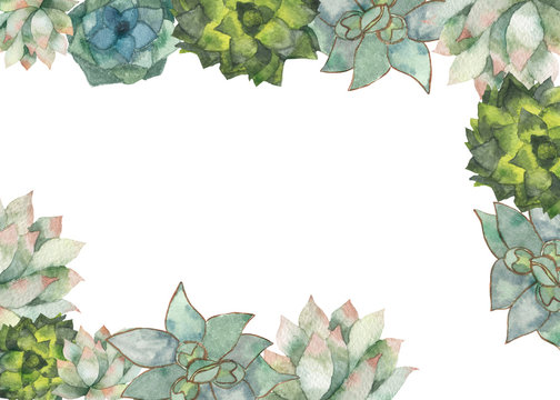 Watercolor frame of colorful cacti and succulents.