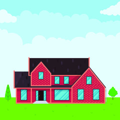 House exterior flat style design vector illustration with roof, windows and shadows. Classic townhouse apartments. Fasade, green grass and trees. Cloudy sky.