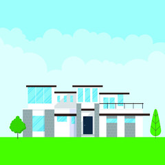 Fototapeta premium Modern house exterior flat style design vector illustration with roof, windows and shadows. Classic townhouse apartments. Fasade, green grass and trees. Cloudy sky.
