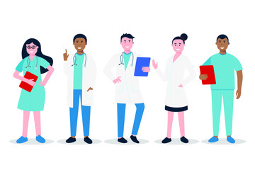 Doctors and nurses standing and hold clipboards flat style vector illustration isolated on white background. Medical center hospital employees.