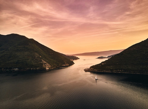 Montenegro. Sunset in the Bay of Kotor. The view from the top. Photography on drone.