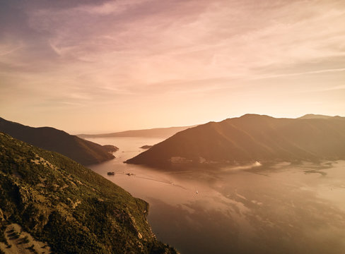 Montenegro. Sunset in the Bay of Kotor. The view from the top. Photography on drone.