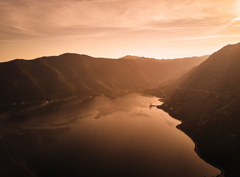 Montenegro. Sunset in the Bay of Kotor. The view from the top. Adriatic sea. 