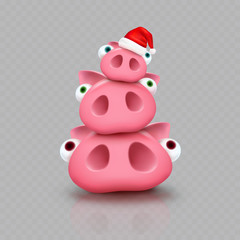 Pigs with Christmas Santa Claus hat isolated on transparent background. New Year red cap and cute piglets. Vector xmas funny little piggi character.