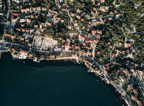 Montenegro. Orange roofs of the old town. The view from the top. Photography on drone.