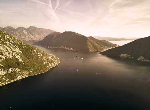 Montenegro. Sunset in the Bay of Kotor. The view from the top. Adriatic sea. Photography on drone.