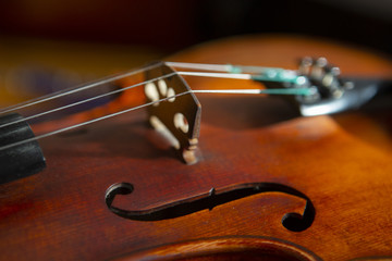 Fototapeta na wymiar violin in vintage style on wood background close up