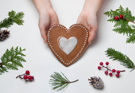 Making Heart Shaped Christmas Gingerbread Cookies At Home. Christmas Baking.