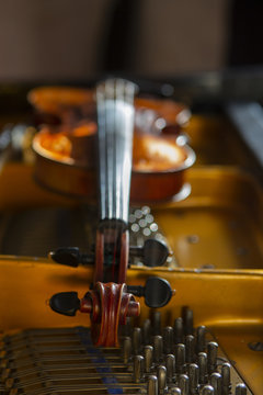 violin in vintage style on wood background close up