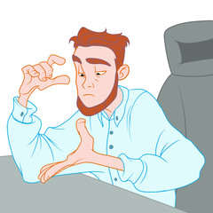 Upset man shouts at computer and breaks keyboard.