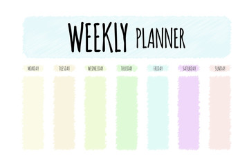 Cute vector planner. Cute page for notes. Notebooks, diary, school accessories. Cute romantic planner page. Weekly Planner Template. Organizer and Schedule.