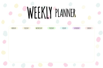 Cute vector planner. Cute page for notes. Notebooks, diary, school accessories. Cute romantic planner page. Weekly Planner Template. Organizer and Schedule.