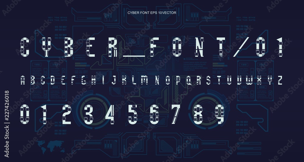 Poster futuristic font design. letters and numbers for web and app. techno font alphabet. digital hi-tech s