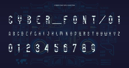 Futuristic Font design. Letters and Numbers for web and app. Techno font alphabet. Digital hi-tech symbols for HUD interface and cyberspace. Set of numbers and symbols for lamp o'clock