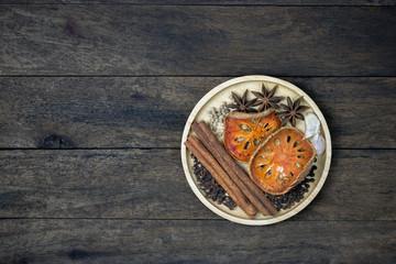 Obraz na płótnie Canvas food flavor seasoning top view in wood plate on table