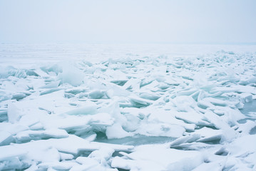 Fototapeta na wymiar Frozen lake Balaton, extreme weather in Hungary in March 2018.