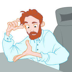 A bearded man in a blue shirt sits in a chair and looks at his hand thoughtfully