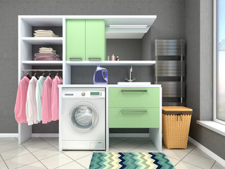 Bathroom design with washing machine. 3d illustration