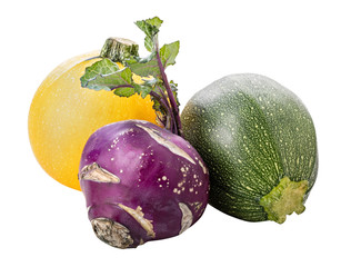 Group of vegetables: squash, pattypan, kohlrabi isolated on white background