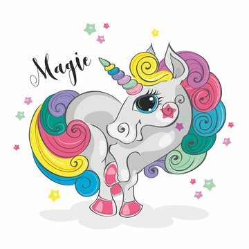 Magic unicorn. Fairy pony. Rainbow mane. Cartoon-style Vector
