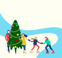 Family spend Christmas holidays, skating on the rink. Vector background.