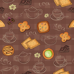 Cookie and tea pattern on brown background