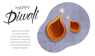 Happy Diwali poster template with oil lamps. Festival of lights.