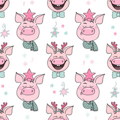 Beautiful seamless pattern of cute pigs with hats
