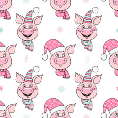 Beautiful seamless pattern of cute pigs with hats