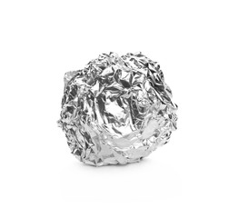 Crumpled ball of aluminum foil isolated on white background