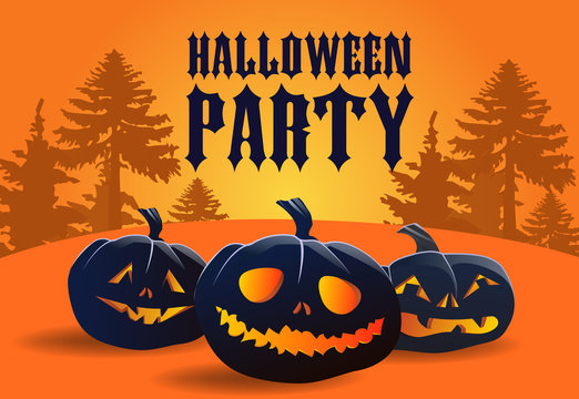 Halloween party banner design. Scary blue pumpkins with forest silhouette in orange background. Template can be used for flyers, posters, invitations