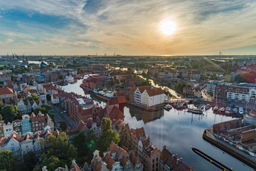 Naklejka premium Gdansk aerial view, sunrise, city panorama in the morning with Olowianka