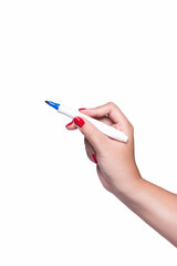 Female hand is ready for drawing with black marker isolated on white.