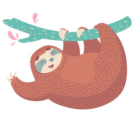 cute hand drawn cartoon vector sloth with wreath of tropical leaves and flower. colorful animal illustration © dromp