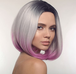 Ombre bob short hairstyle. Beautiful hair coloring woman. Fashion Trendy haircut. Blond model with...