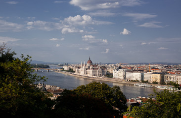 travel and european tourism concept. Budapest, Hungary. Hungarian Parliament Building over Danube River on sunny fay with blue sky.